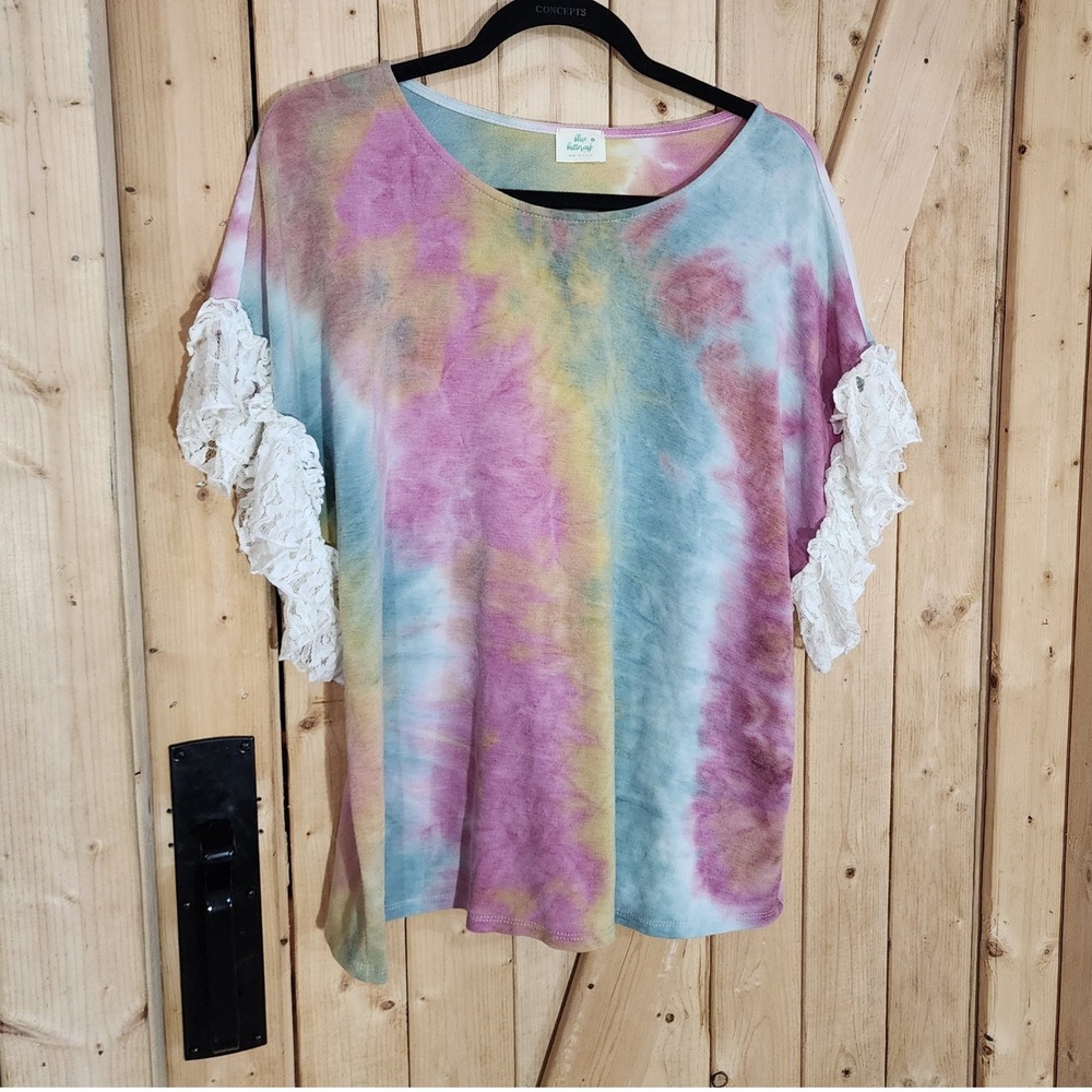 Blue Buttercup Tie Dye Lace Ruffle Sleeve Top Pink Blue Yellow Made in USA